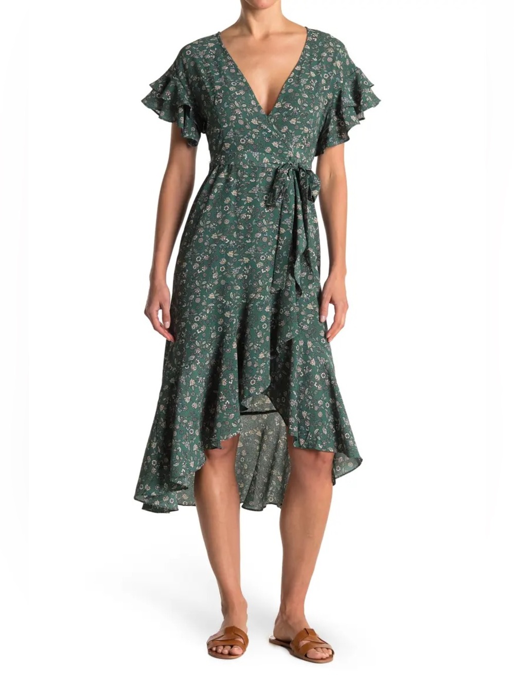 Max Studio Ruffle Crepe High/Low Wrap Midi Dress